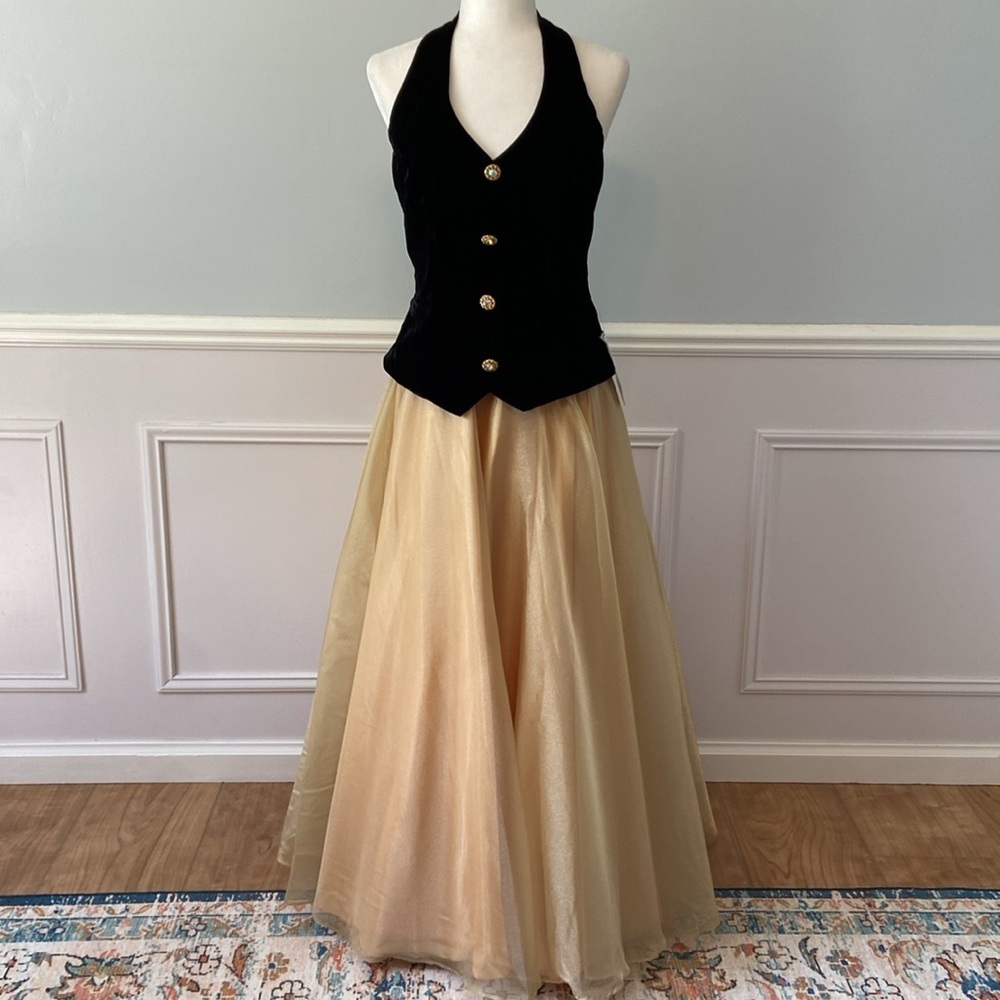 NWT80s Retro Victorian Ball Gown Party Dress Two Tone Velvet Gold Glitter Sz 12 - Picture 13 of 16